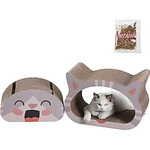 THE LICKER STORE Opal Modern Cat Head 19-in Cardboard 2-in-1 Cat Cave Scratcher with Bell Toys & Catnip, Muted Pink/Cream