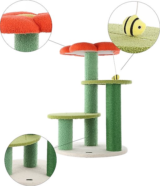 Show full view: THE LICKER STORE Poppy Modern 29-in 3-Tier Jute Flower with Dangling Toy Cat Tree, Orange/Green slide 5 of 10