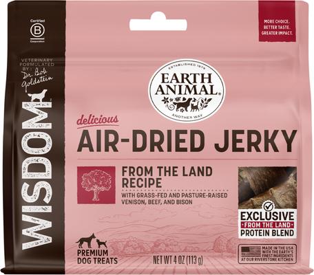 Show full view: Earth Animal Wisdom From the Land Recipe Premium Natural Air-Dried Dog Food, 2-lb bag + From the Land Recipe with Venison, Beef, & Bison Premium Natural Jerky Strips Dog Treats, 4-oz bag slide 6 of 9