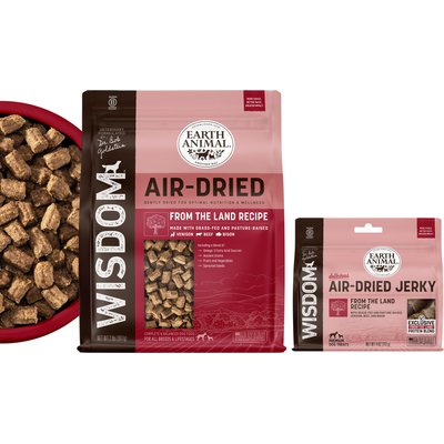Earth Animal Earth Animal Wisdom From the Land Recipe Premium Natural Air-Dried Dog Food, 2-lb bag + From the Land Recipe with Venison, Beef, & Bison Premium Natural Jerky Strips Dog Treats, 4-oz bag