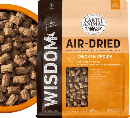 Show full view: Earth Animal Wisdom Air-Dried Chicken Recipe Premium Natural Dog Food, 2-lb bag + No-Hide Small Rolls Long Lasting Natural Rawhide Alternative Chicken Recipe Chew Dog Treats, 2 count slide 2 of 9