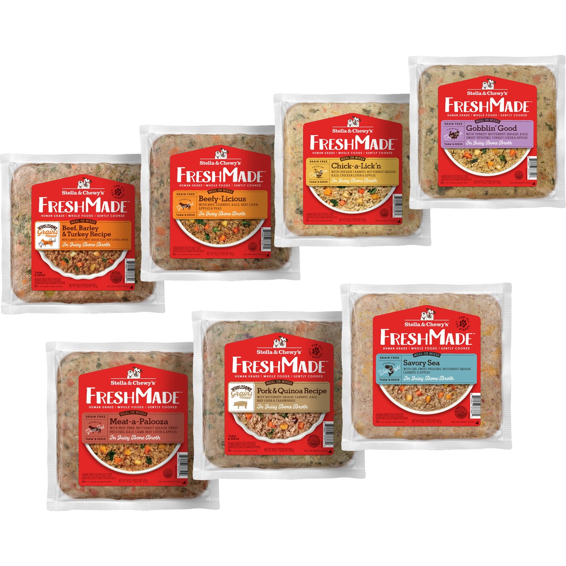Stella & Chewy's FreshMade Frozen Fresh Dog Food Variety Pack, 16-oz pouches: High-Protein Beef, Barley & Turkey + Grain-Free Beefy-Licious + Grain-Free Chick-a-Lick'n + Grain-Free Gobblin' Good + Grain-Free Meat-a-Palooza + High Protein Pork & Quinoa + Grain-Free Savory Sea