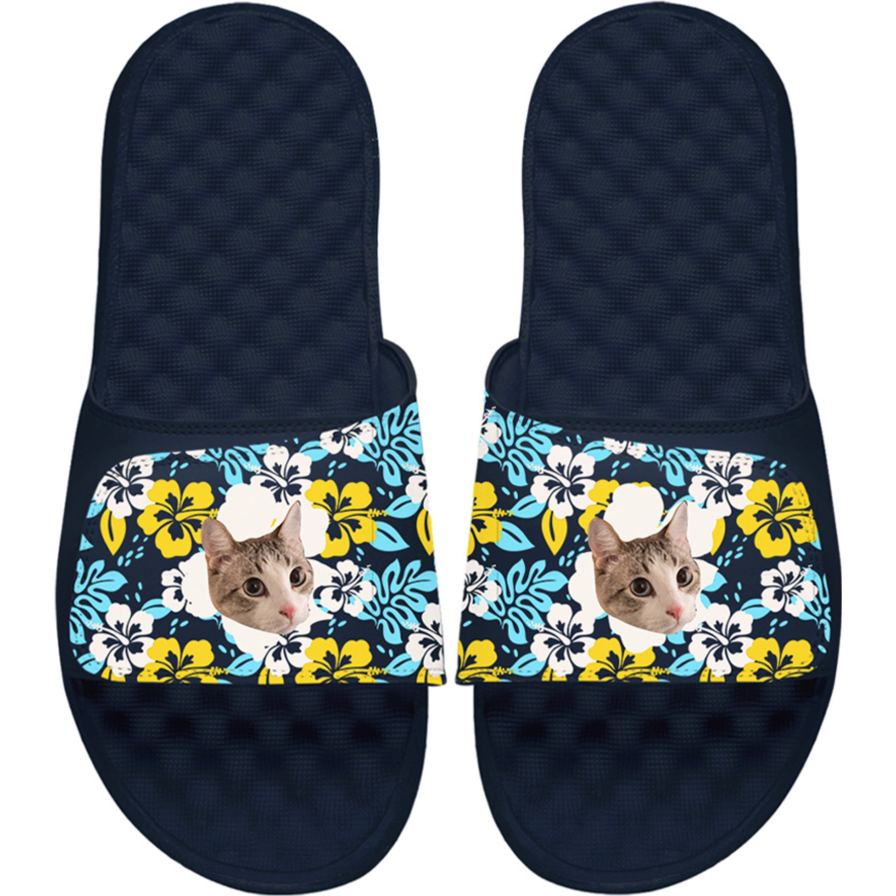 ISlide Mantra Cat Hawaiian Personalized Slides, Navy Blue, W9 / M8