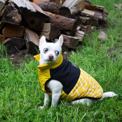 Show full view: ADC Houndstone & Co. 2-in-1 Reversible Sunny Side Up & Soft Velcro Closure Geometric Insulated Dog Puffer Vest, Yellow, X-Small slide 8 of 9