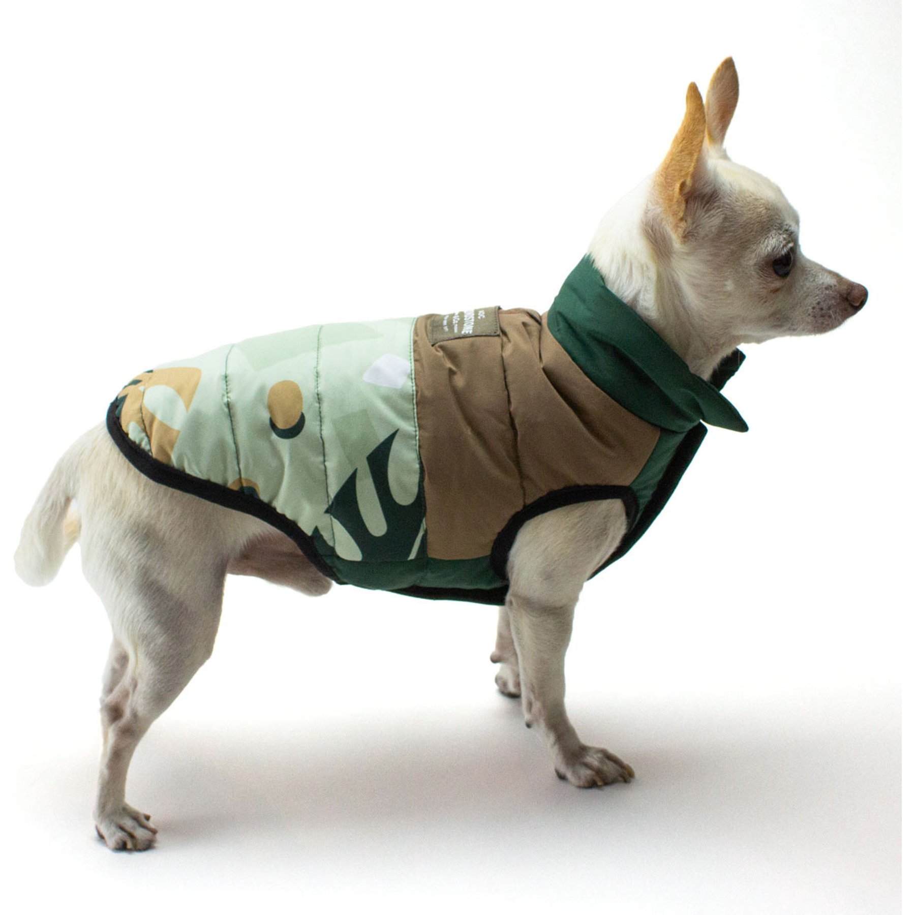 ADC Houndstone & Co. 2-in-1 Reversible Tropical Camo & Soft Velcro Closure Camouflage Insulated Dog Puffer Vest, Green, Large