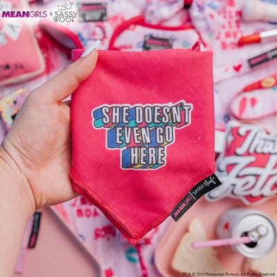 Show full view: Sassy Woof Mean Girls She Doesn't Even Go Here Dog Bandana, Pink, Small slide 4 of 7