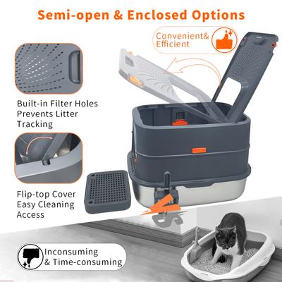 Show full view: Wisfor Stainless Steel Enclosed Litter Box with Litter Scoop & Filter, 22.83 x 16.53 x 16.53-in slide 4 of 10