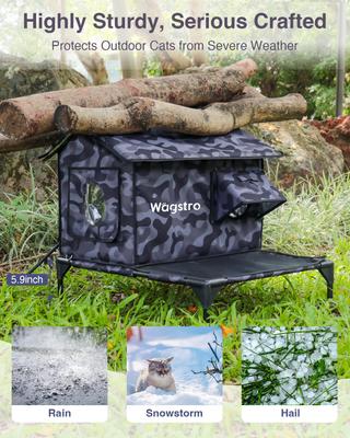 Show full view: Wagstro Cozy Polyester Outdoor Heated Cat House with Raised Deck, Rainproof Roof & Thermal Pad, Large, Black slide 5 of 6