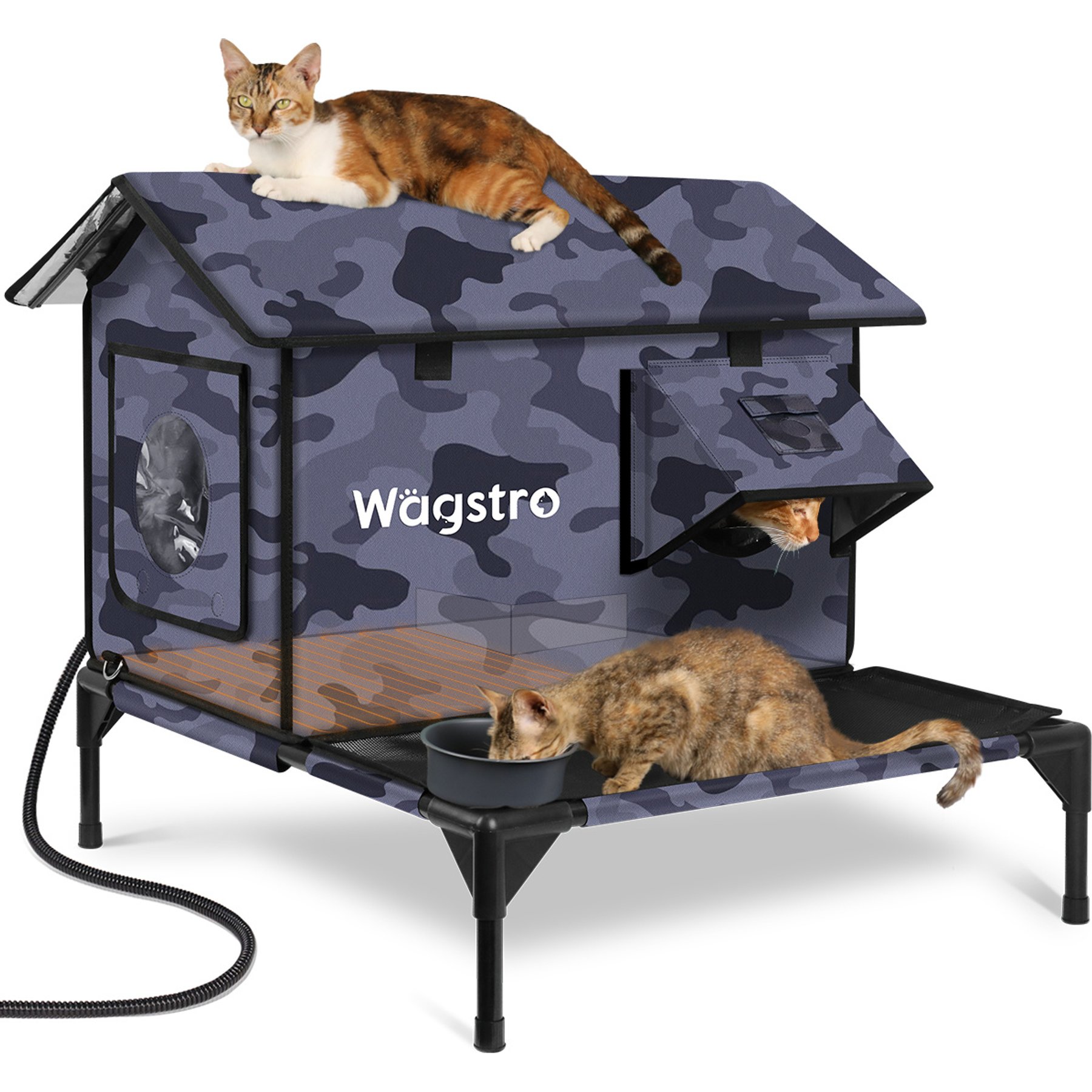 Wagstro Cozy Polyester Outdoor Heated Cat House with Raised Deck, Rainproof Roof & Thermal Pad, Large, Black