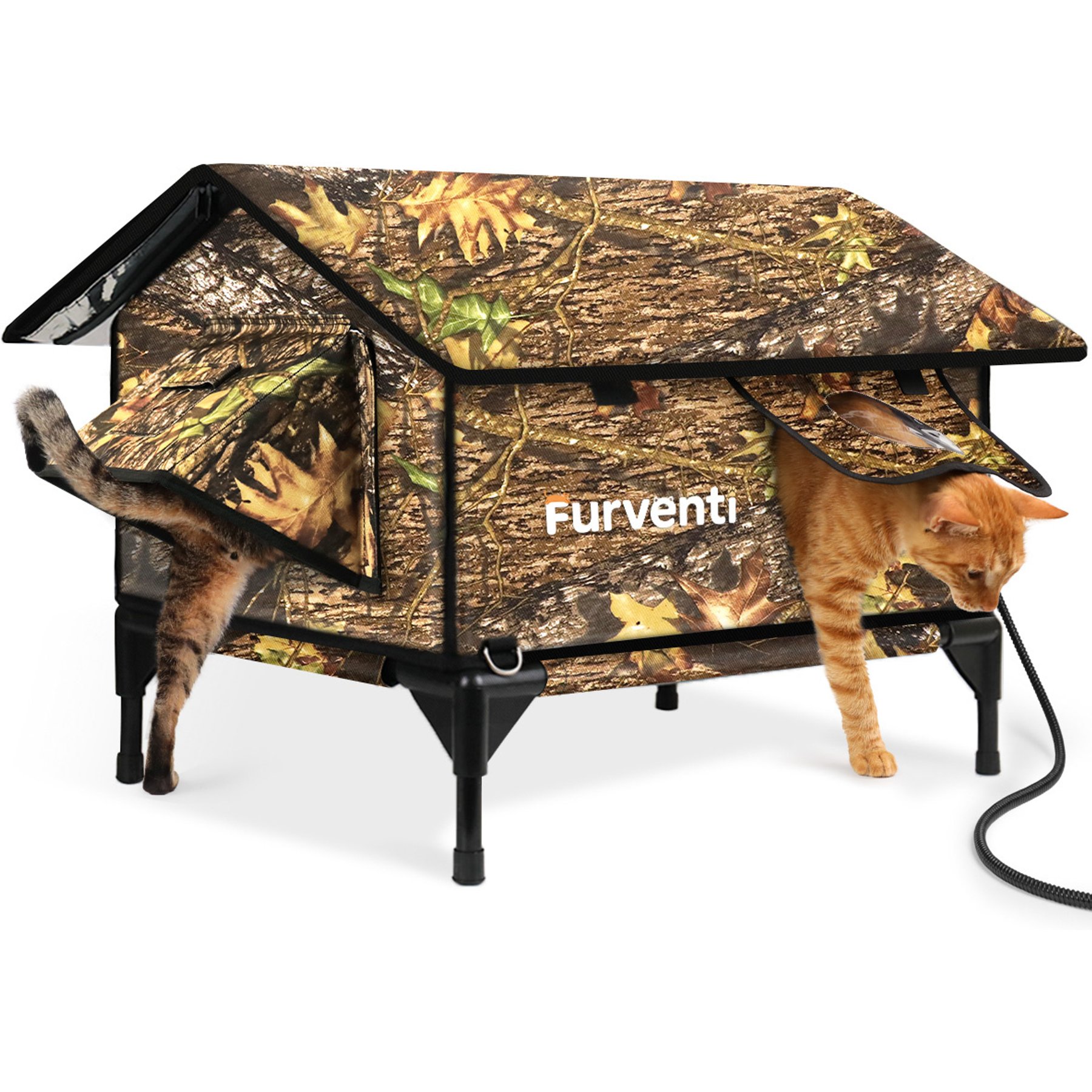 Furventi Leaf Camouflage Hideaway Weatherproof Insulated Elevated Polyester Outdoor Heated Cat Shelter, Green, Large