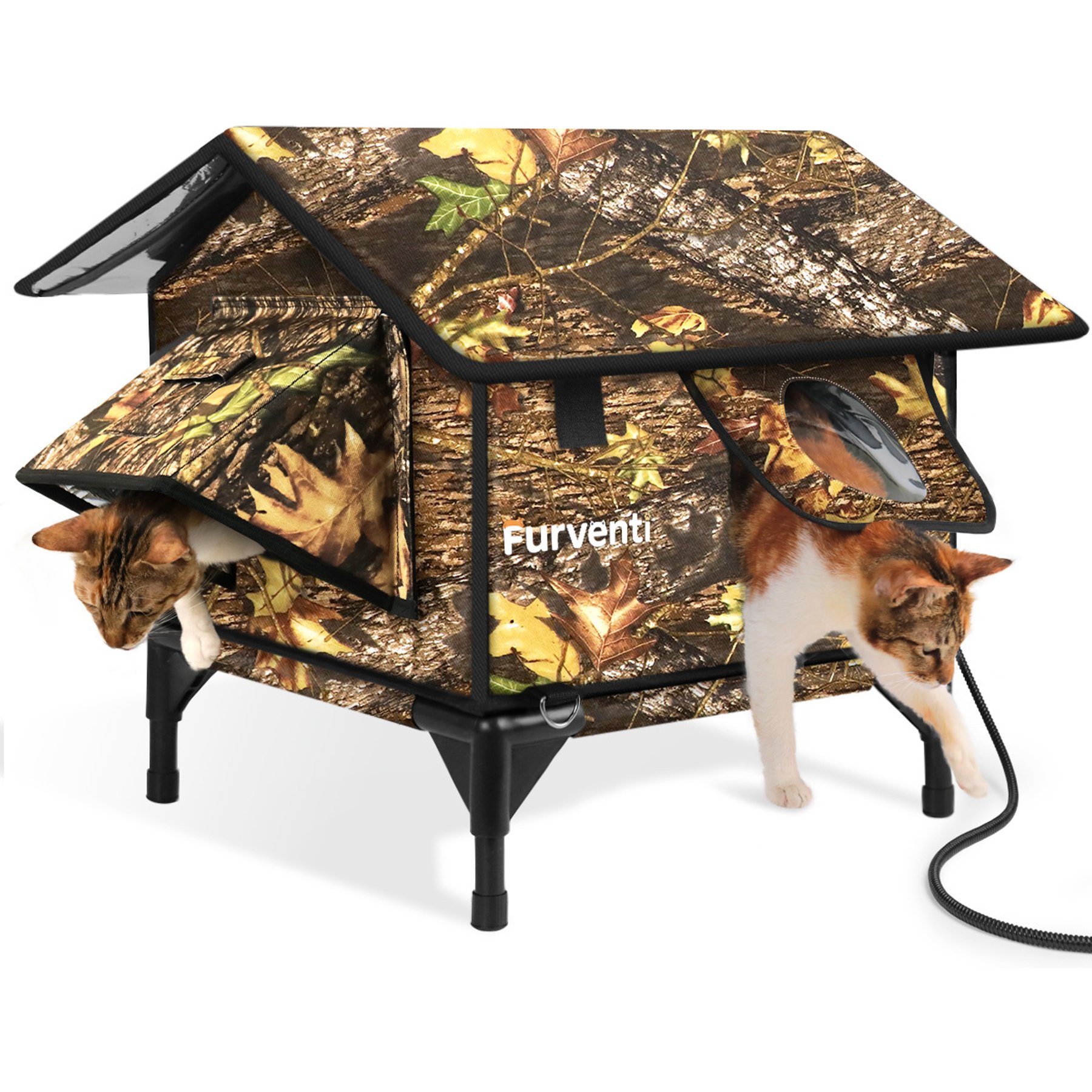 Furventi Leaf Camouflage Hideaway Weatherproof Insulated Elevated Polyester Outdoor Heated Cat Shelter, Green, Small
