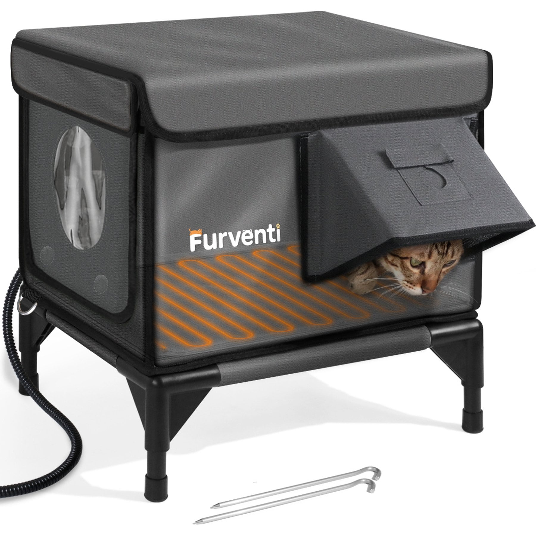 Furventi Eco-Friendly Rainproof Insulated Multiple Outlets Polyester Outdoor Heated Cat House, Grey, Small