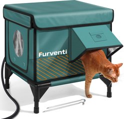 Furventi Elevated Waterproof Multi-Exits Polyester Outdoor Heated Cat Shelter, Green, Small