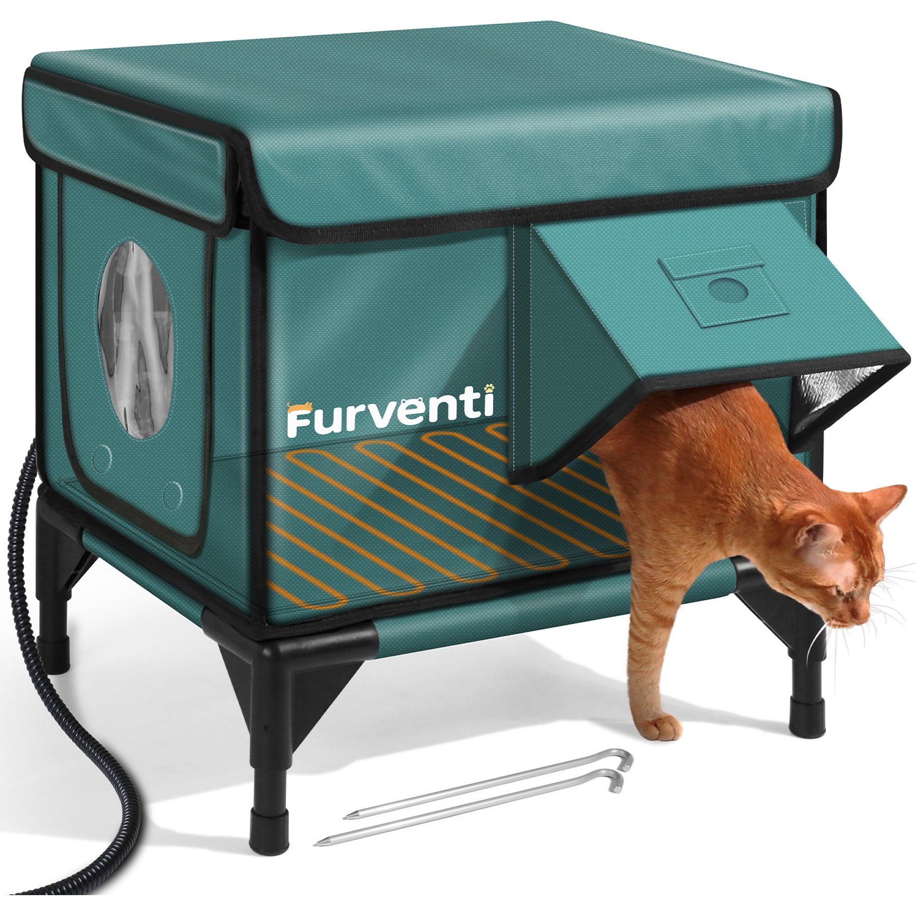Furventi Elevated Waterproof Multi-Exits Polyester Outdoor Heated Cat Shelter, Green, Small