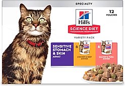 Hill's Science Diet Adult Sensitive Stomach & Sensitive Skin Chicken & Beef, Salmon & Tuna Variety Pack Wet Cat Food, 2.8-oz pouch, 12 count