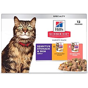 Hill's Science Diet Adult Sensitive Stomach & Sensitive Skin Chicken & Beef, Salmon & Tuna Variety Pack Wet Cat Food, 2.8-oz pouch, 12 count