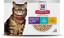 Hill's Science Diet Adult Sensitive Stomach & Sensitive Skin Tuna & Vegetable & Chicken & Vegetable Variety Pack Wet Cat Food, 2.9-oz can, 12 count