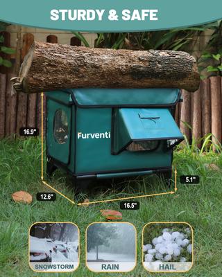 Show full view: Furventi Elevated Waterproof Multi-Exits Polyester Outdoor Heated Cat Shelter, Green, Small slide 2 of 2