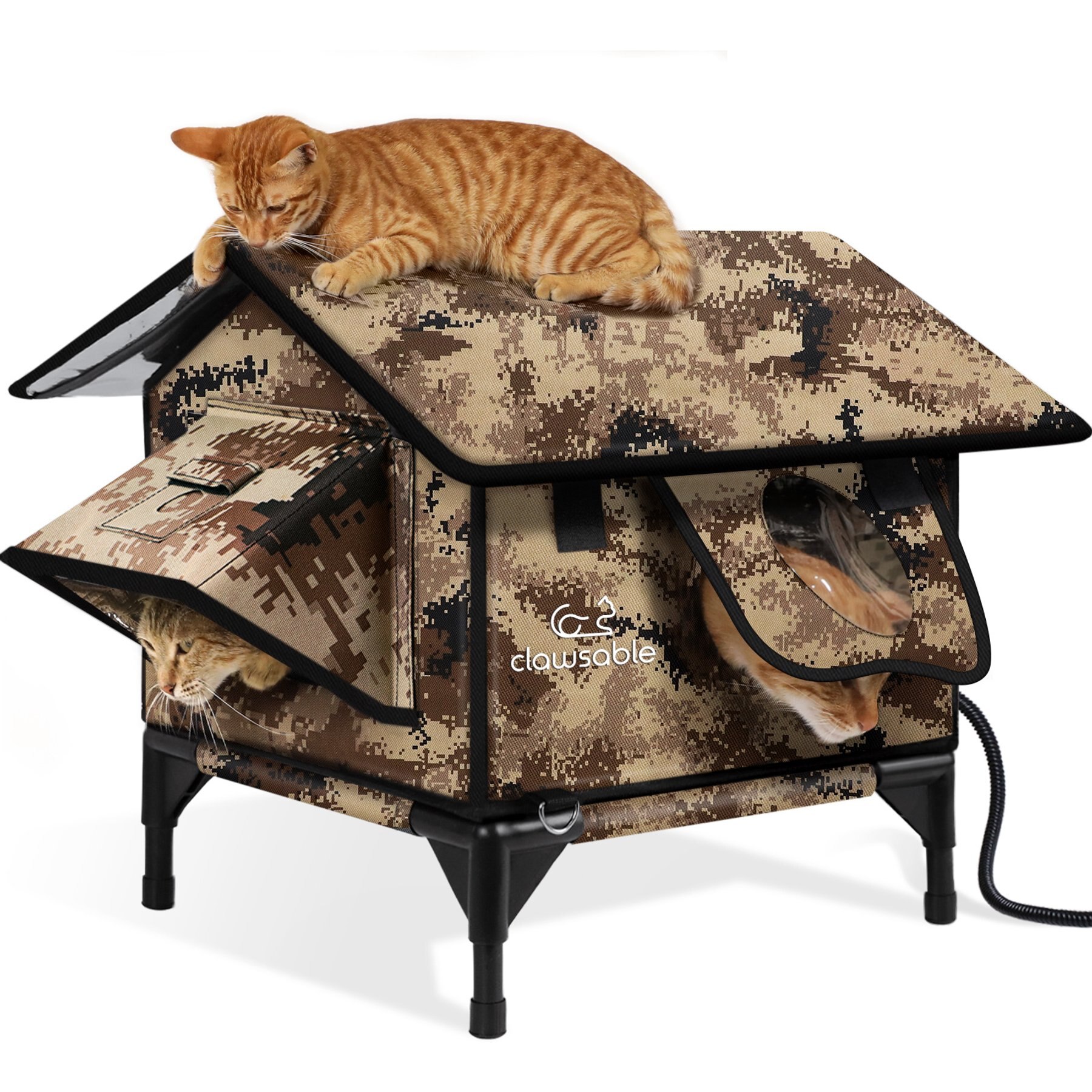 Clawsable Waterproof Polyester Outdoor Cat Shelter with Heating Pad, Desert Camo, Small