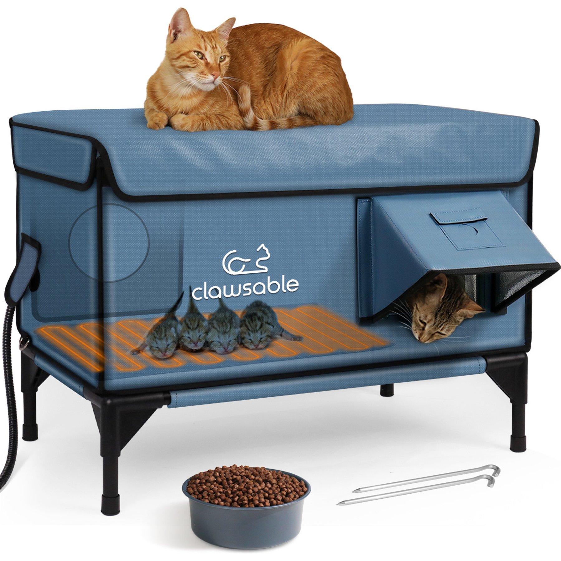 Clawsable Polyester Outdoor Extra Warm Heated Cat House, Gray Blue, Large