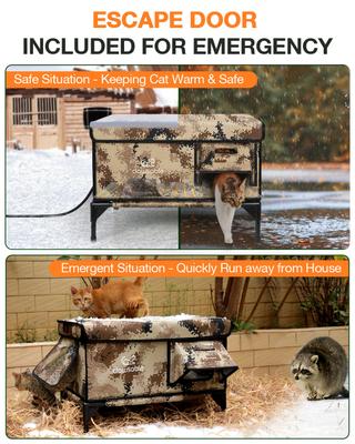 Show full view: Clawsable Elevated Polyester Outdoor Cat Shelter with Heated Pad, Desert Camo, Large slide 4 of 7