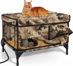 Clawsable Elevated Polyester Outdoor Cat Shelter with Heated Pad, Desert Camo, Large