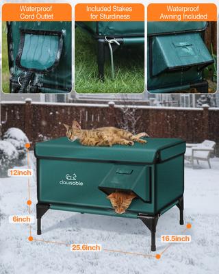 Show full view: Clawsable Elevated Polyester Outdoor Cat Shelter with Heated Pad, Dark Green, Large slide 6 of 8