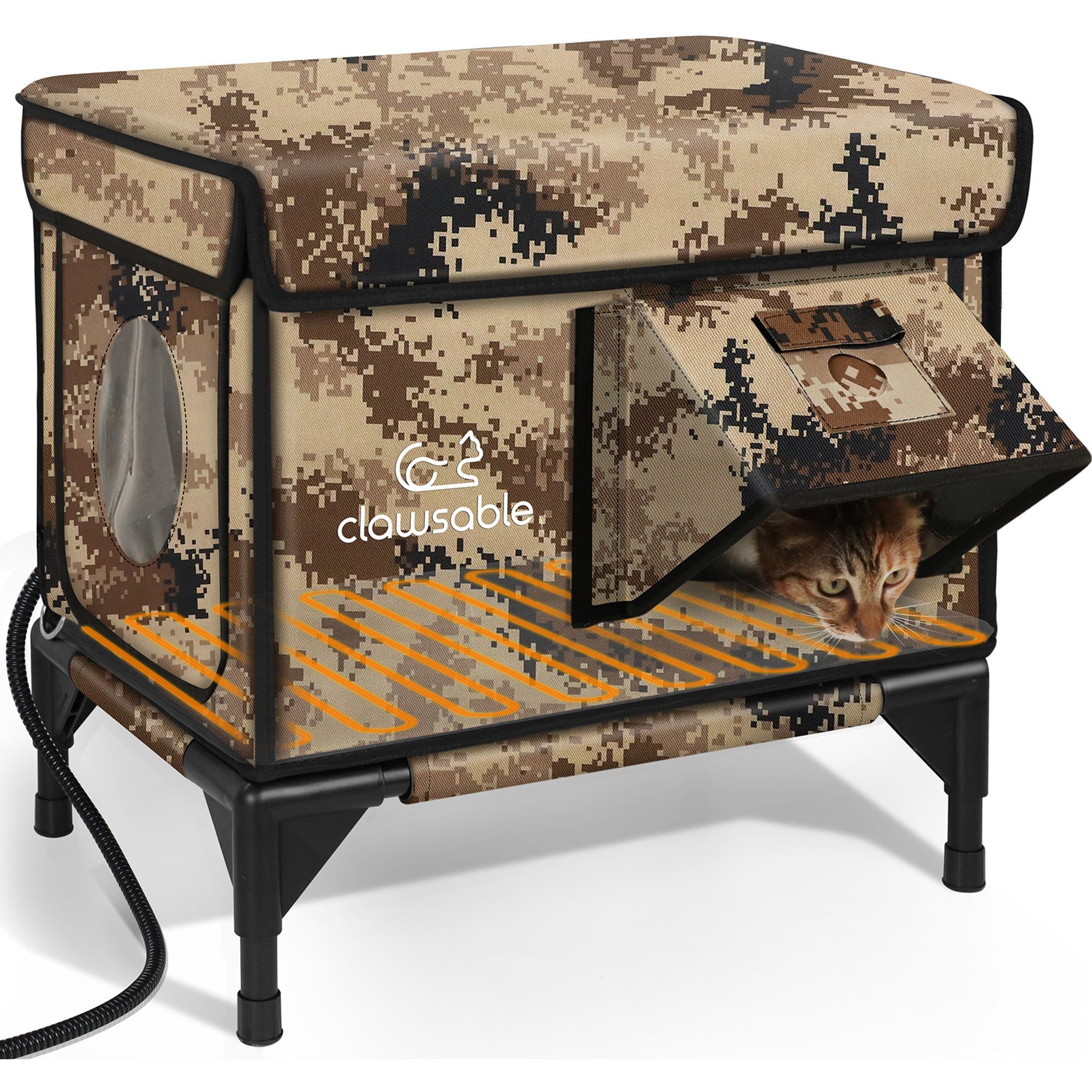 Clawsable Elevated Polyester Outdoor Cat Shelter with Heated Pad, Desert Camo, Small