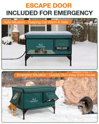 Show full view: Clawsable Elevated Polyester Outdoor Cat Shelter with Heated Pad, Dark Green, Small slide 4 of 7