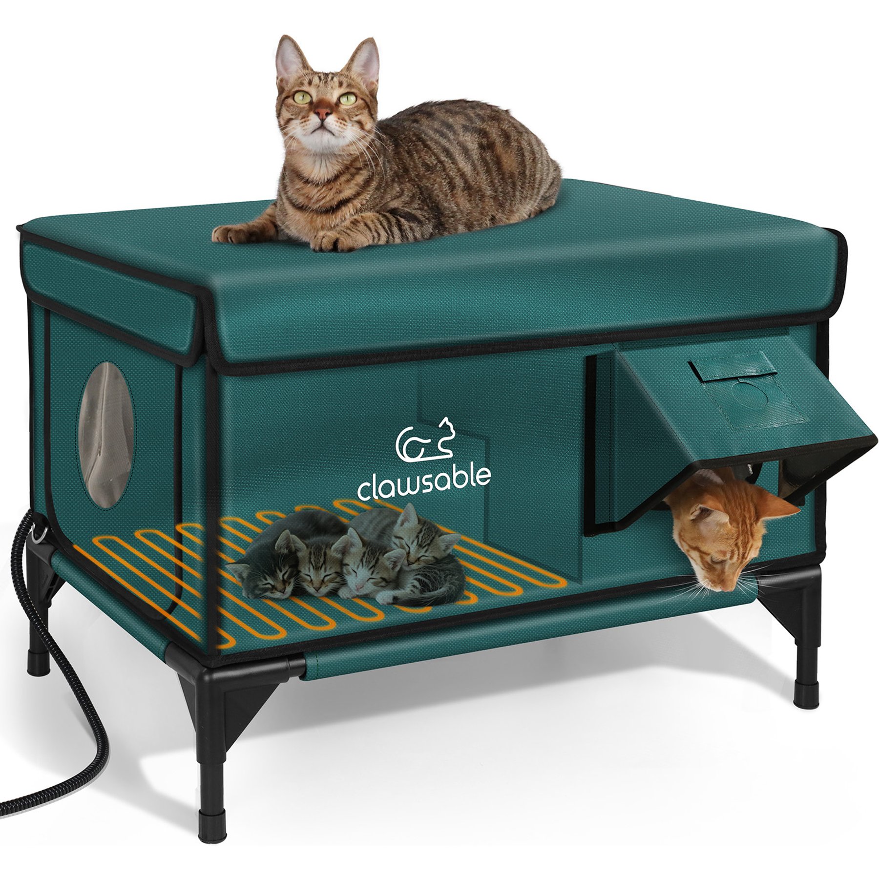 Clawsable Elevated Polyester Outdoor Cat Shelter with Heated Pad, Dark Green, Large