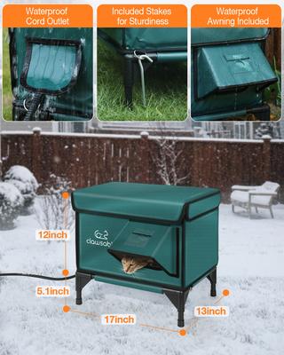 Show full view: Clawsable Elevated Polyester Outdoor Cat Shelter with Heated Pad, Dark Green, Small slide 5 of 7