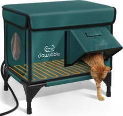 Clawsable Elevated Polyester Outdoor Cat Shelter with Heated Pad, Dark Green, Small