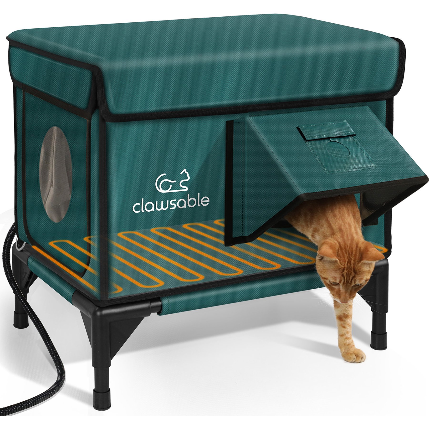 Clawsable Elevated Polyester Outdoor Cat Shelter with Heated Pad, Dark Green, Small
