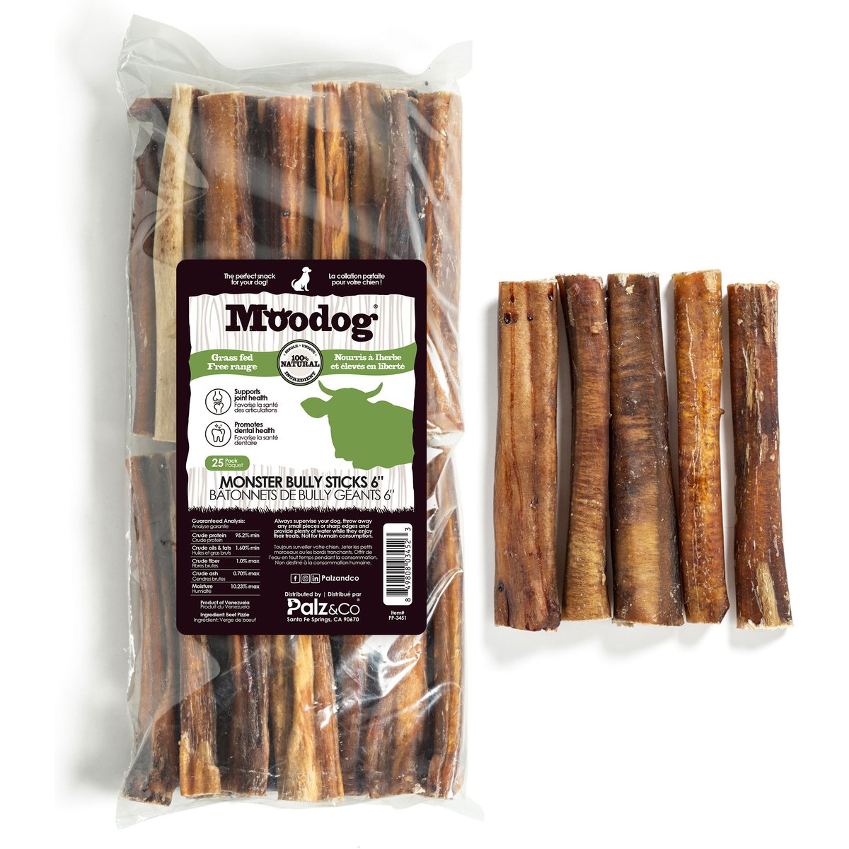 Palz&Co Moodog 6-inch Beef Monster Bully Sticks Dog Treats, 25 count