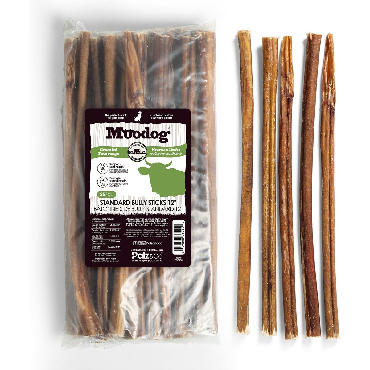 Palz&Co Moodog 12-inch Beef Standard Bully Sticks Dog Treats, 25 count