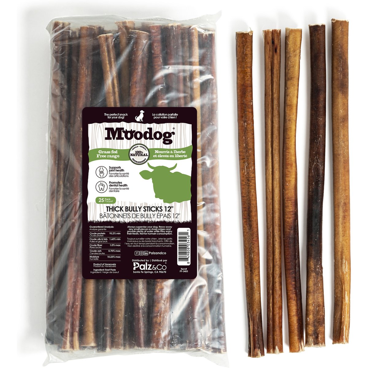 Palz&Co Moodog 12-inch Beef Thick Bully Sticks Dog Treats, 25 count