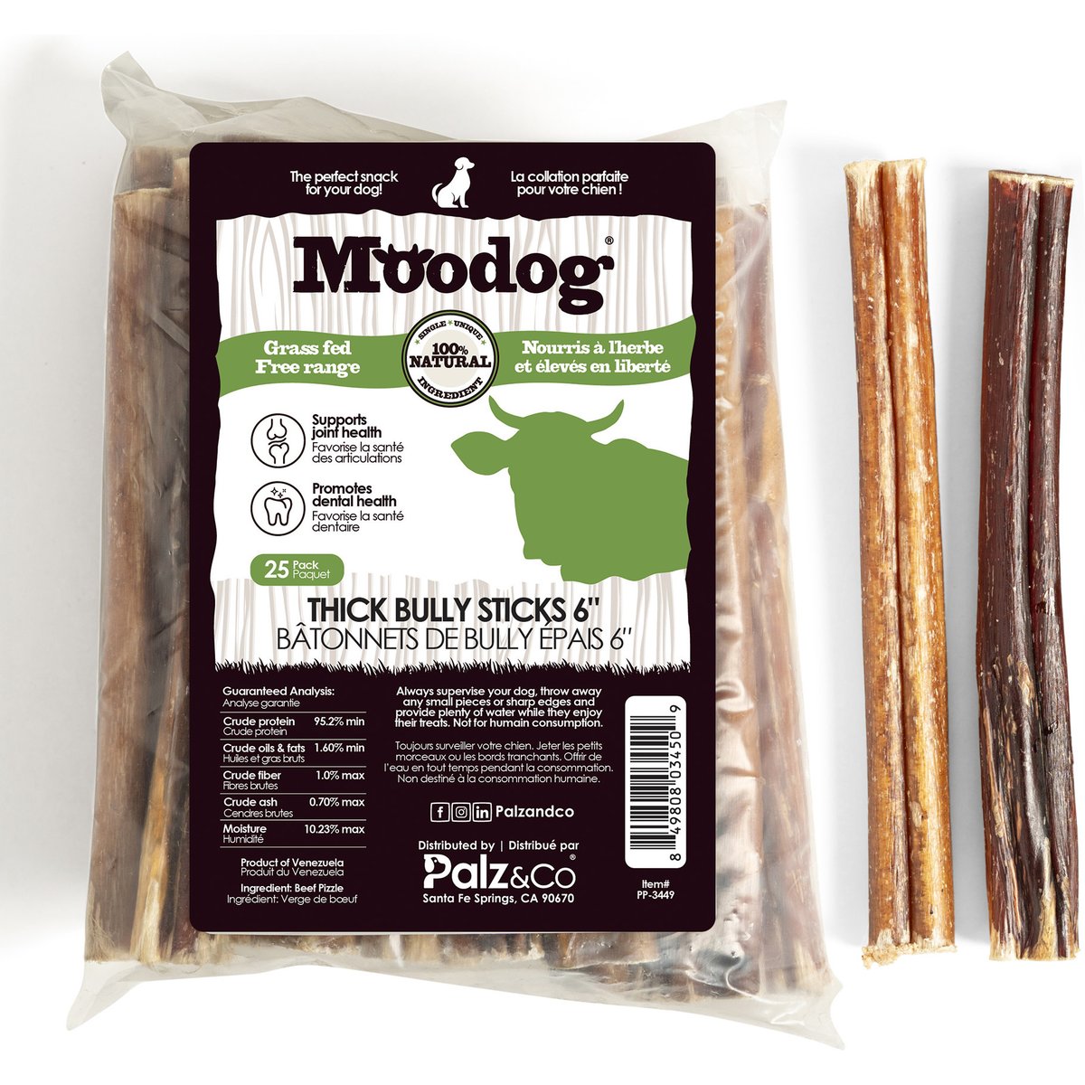 Palz&Co Moodog 6-inch Beef Thick Bully Sticks Dog Treats, 25 count