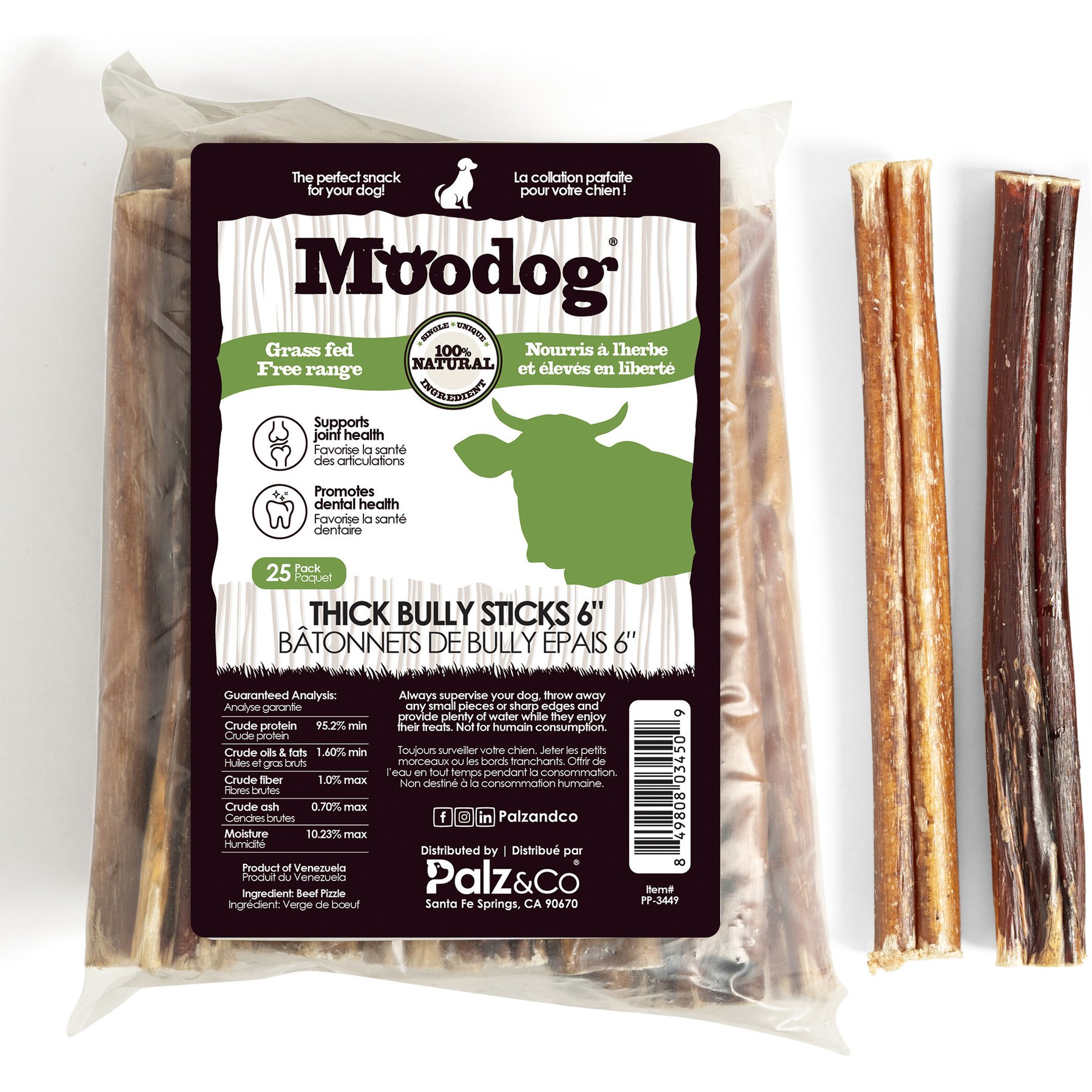 Palz&Co Moodog 6-inch Beef Thick Bully Sticks Dog Treats, 25 count