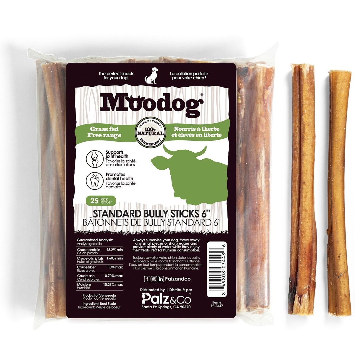 Palz&Co Moodog 6-inch Beef Standard Bully Sticks Dog Treats, 25 count