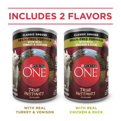 Show full view: Purina ONE SmartBlend True Instinct Classic Ground Grain-Free Variety Pack Canned Dog Food, 13-oz can, case of 12 slide 6 of 12
