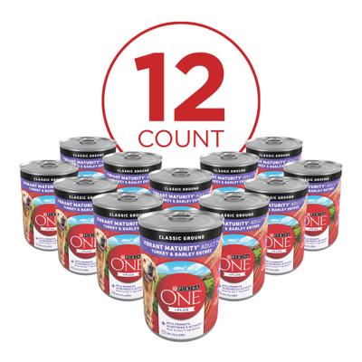 Show full view: Purina ONE +Plus Adult Classic Ground Vibrant Maturity Senior Adult 7+ Turkey & Barley Entree Canned Dog Food, 13-oz, case of 12 slide 3 of 12