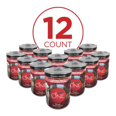 Show full view: Purina ONE SmartBlend Grain-Free True Instinct Classic Ground with Real Beef & Wild-Caught Salmon Canned Dog Food, 13-oz, case of 12 slide 3 of 12