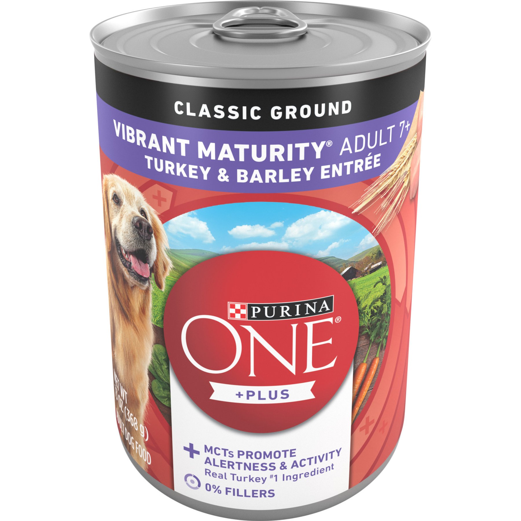 Purina ONE +Plus Adult Classic Ground Vibrant Maturity Senior Adult 7+ Turkey & Barley Entree Canned Dog Food, 13-oz can, case of 4
