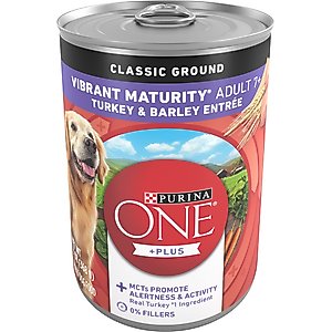Purina ONE +Plus Adult Classic Ground Vibrant Maturity Senior Adult 7+ Turkey & Barley Entree Canned Dog Food, 13-oz, case of 12