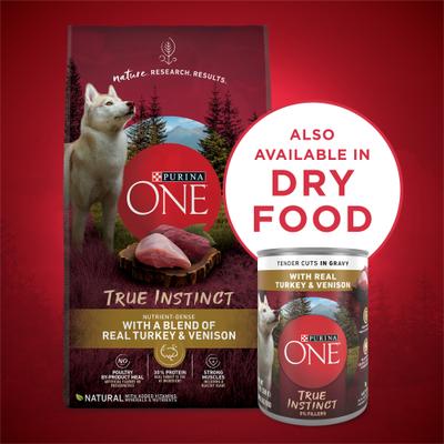 Show full view: Purina ONE SmartBlend True Instinct Tender Cuts in Gravy with Real Turkey & Venison Canned Dog Food, 13-oz, case of 12 slide 9 of 12