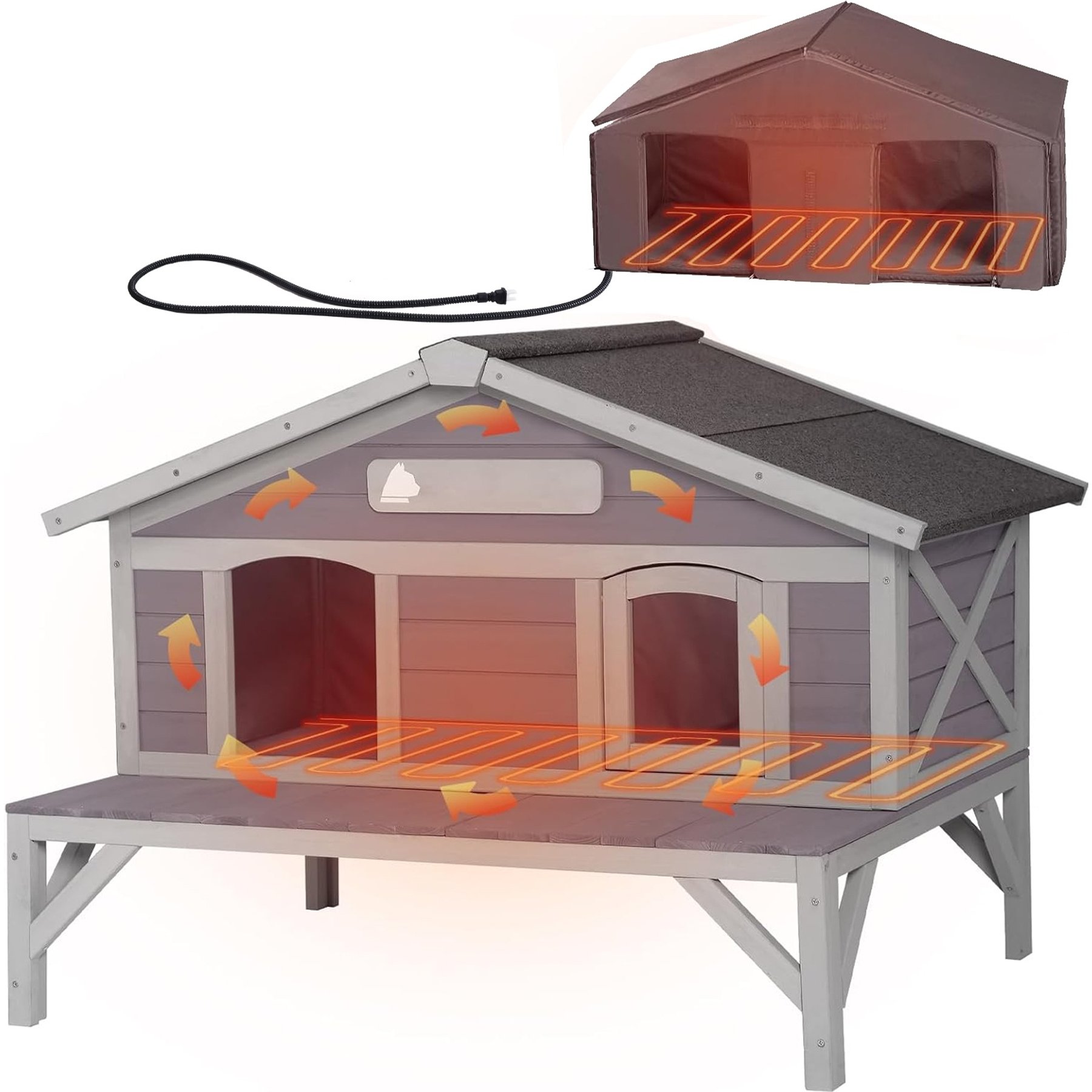 Aivituvin Wooden Indoor & Outdoor Heated Cat House, Grey