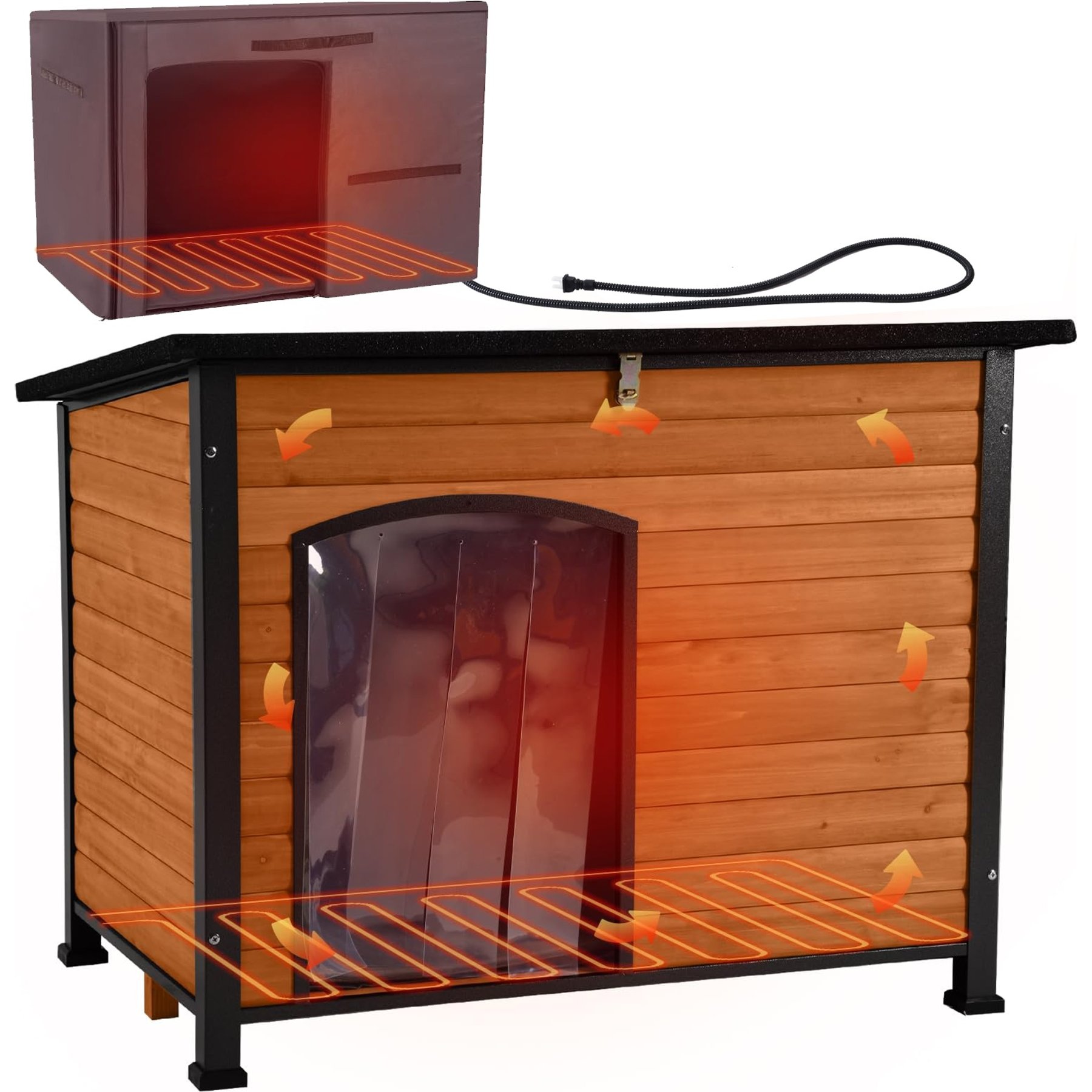 Aivituvin Metal Frame Wood Outdoor Heated Dog House with Heating Pad, Brown, Large: 43.3-in