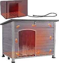 Aivituvin Wooden Outdoor Heated Dog House, Grey, Large