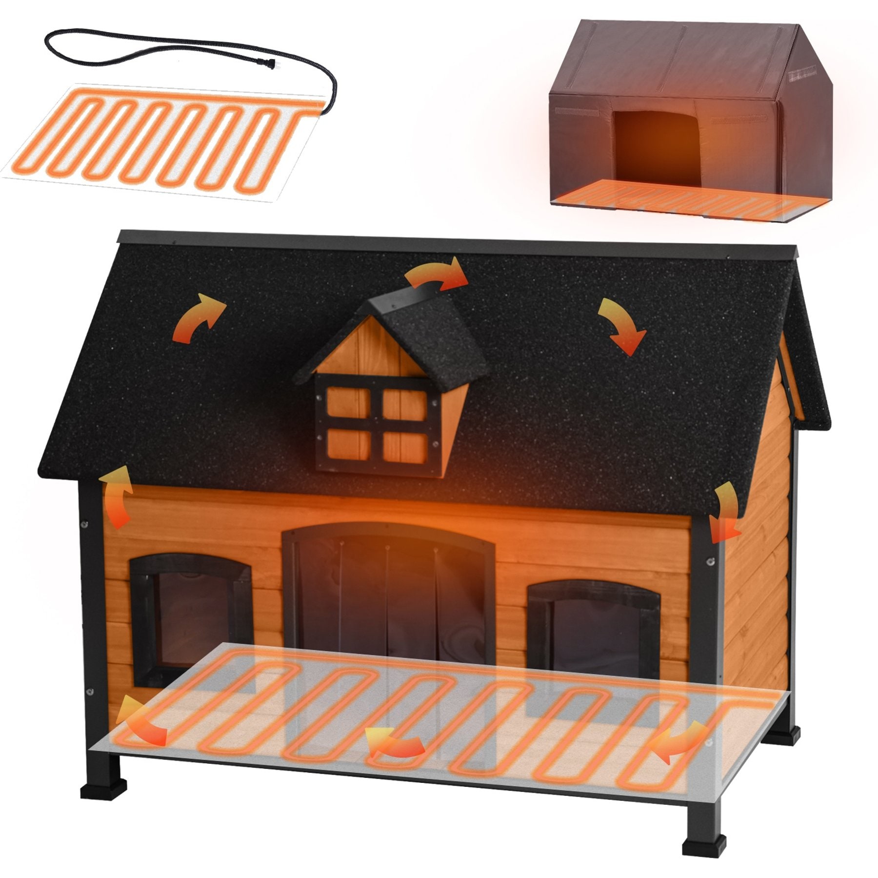 Aivituvin AIR90 Heated Insulated Wooden Dog House, Brown