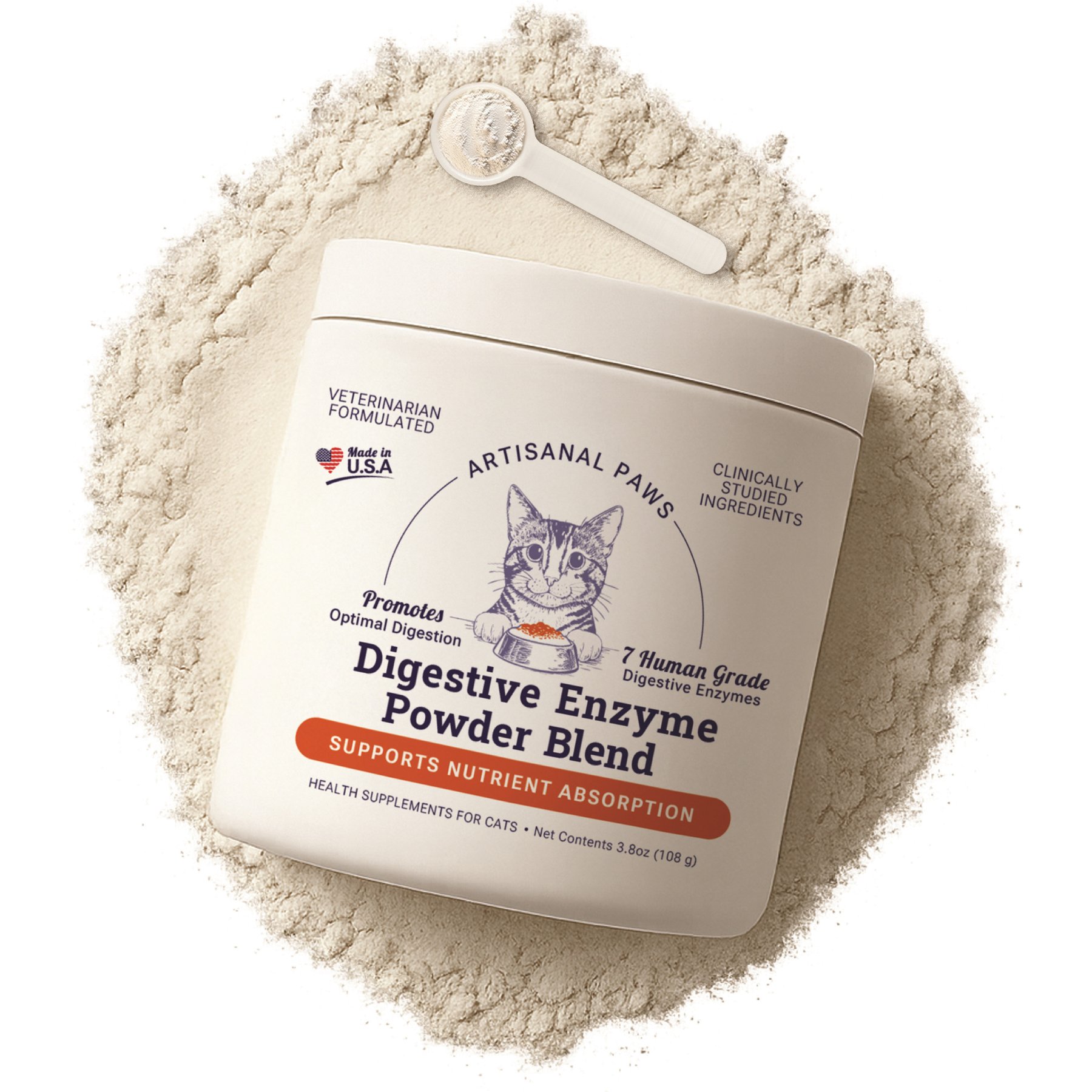 Artisanal Paws Digestive Enzyme Support Formula Powder Supplement for Cats, 3.8-oz jar